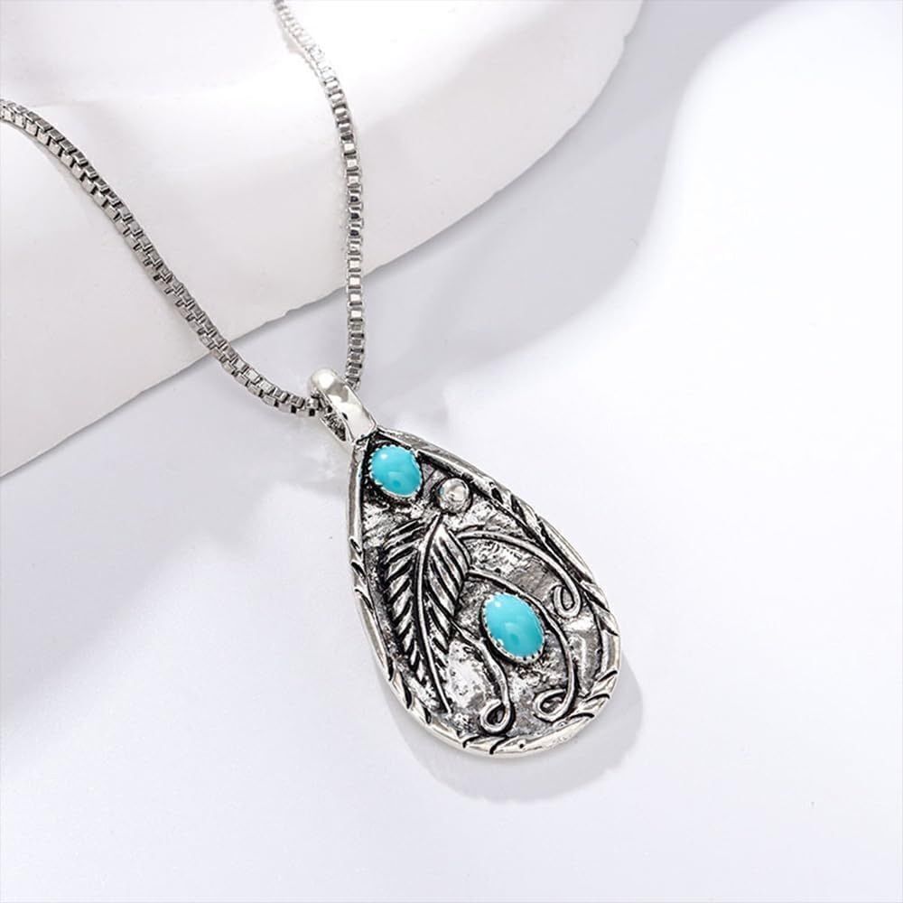 Western Necklace Turquoise Feather Charm Pendant Silver Tone NWOT